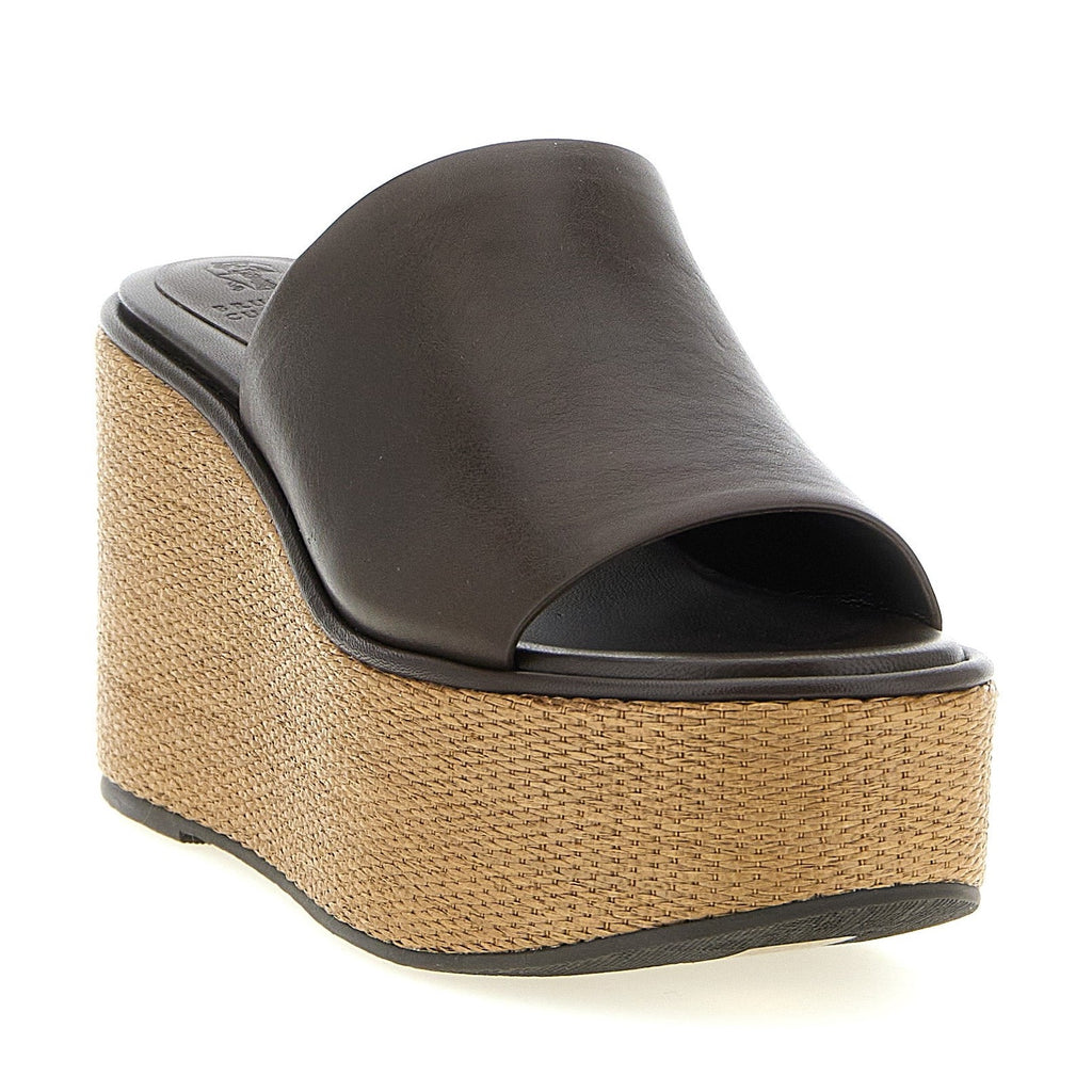 Brunello Cucinelli Brown Calfskin Wedge Sandals