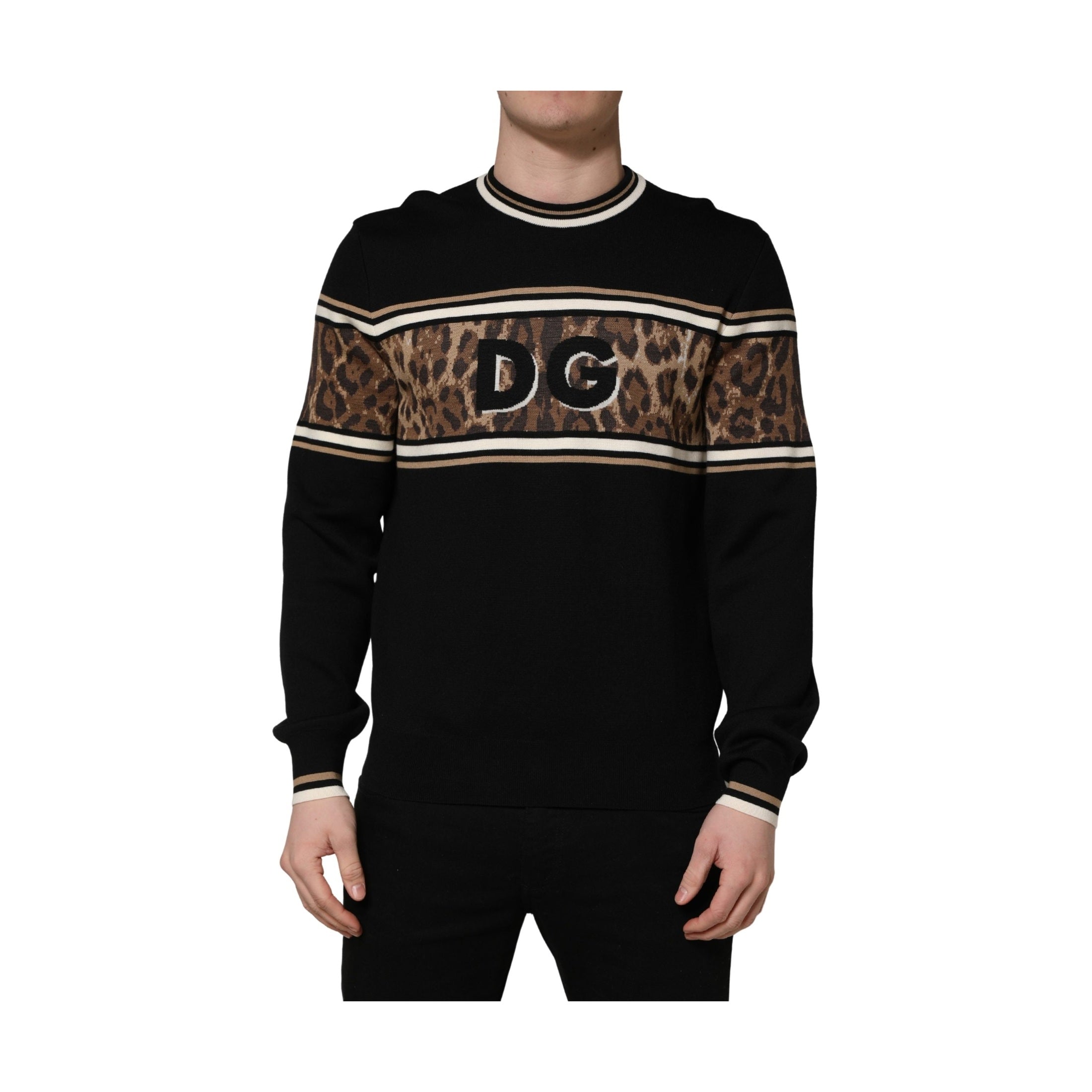 Dolce & Gabbana Black Leopard Wool Crew Neck Men Pullover Sweater