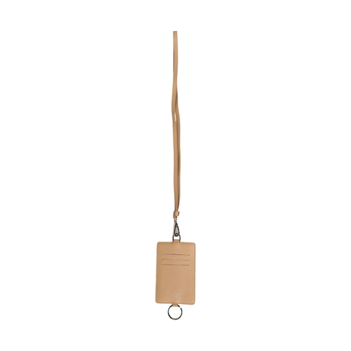 Beige Leather Logo Embossed Lanyard Card Holder Wallet