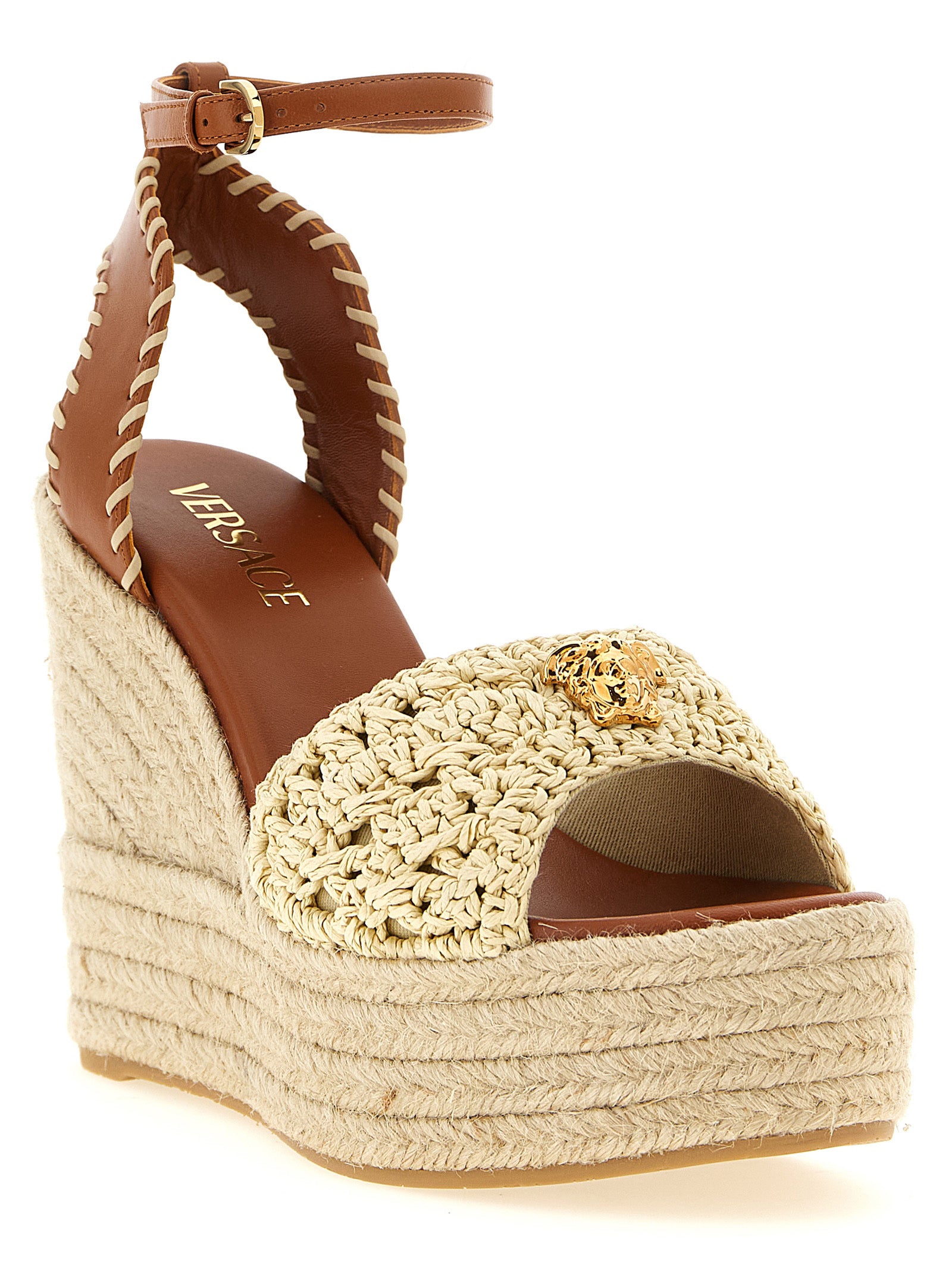 Versace Beige Lamb Leather Wedge Sandals