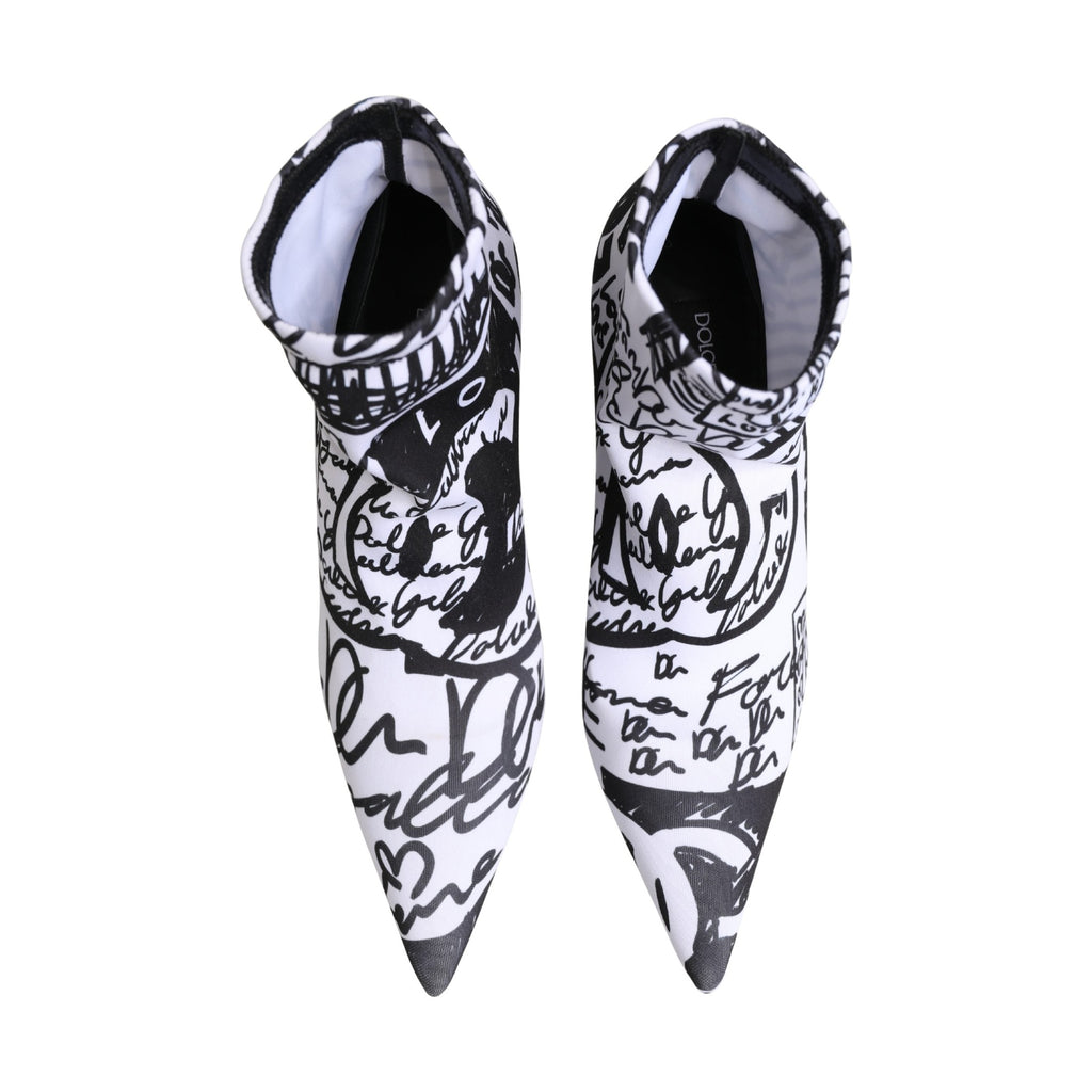 Dolce & Gabbana White Graffiti Stretch Ankle Boots Shoes