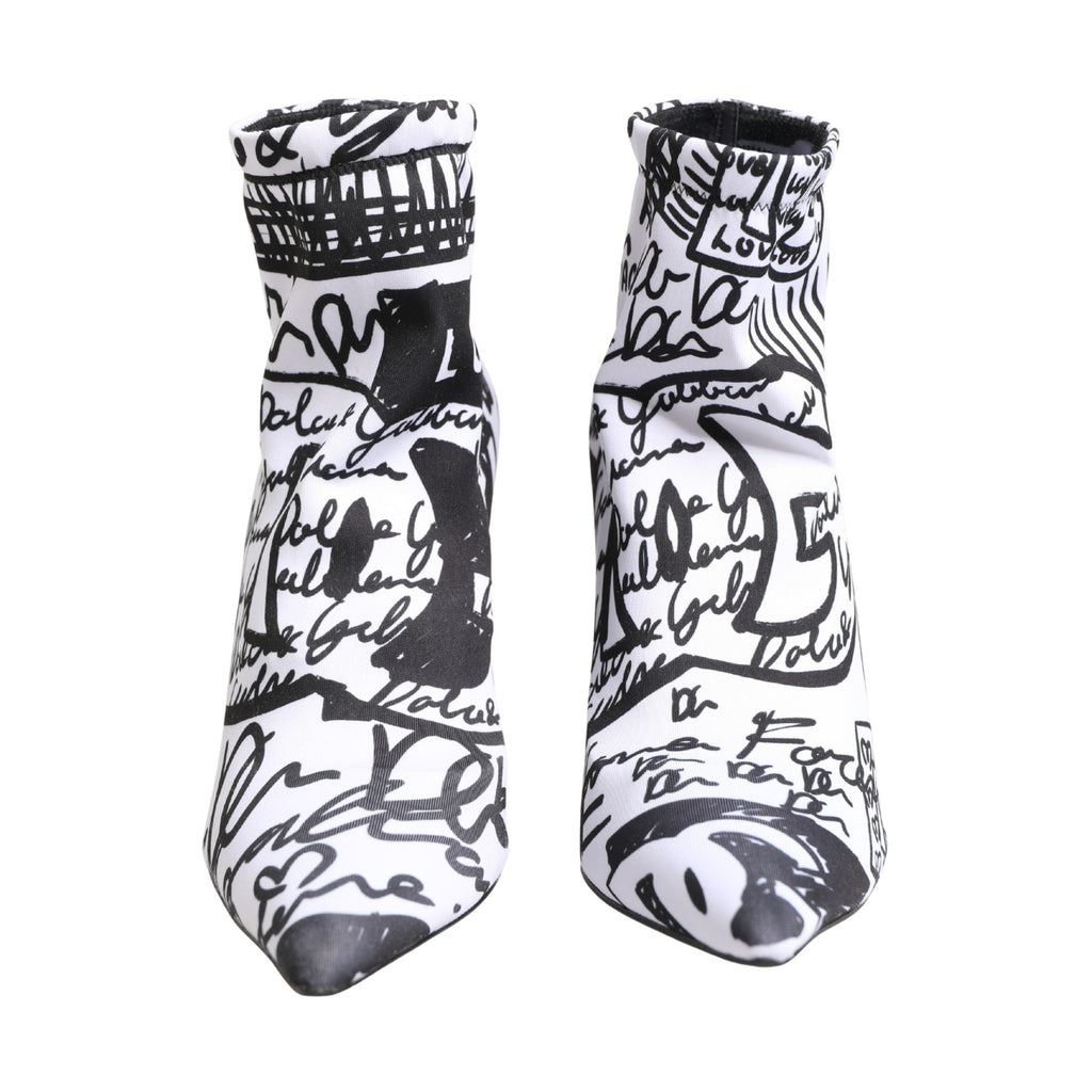 Dolce & Gabbana White Graffiti Stretch Ankle Boots Shoes