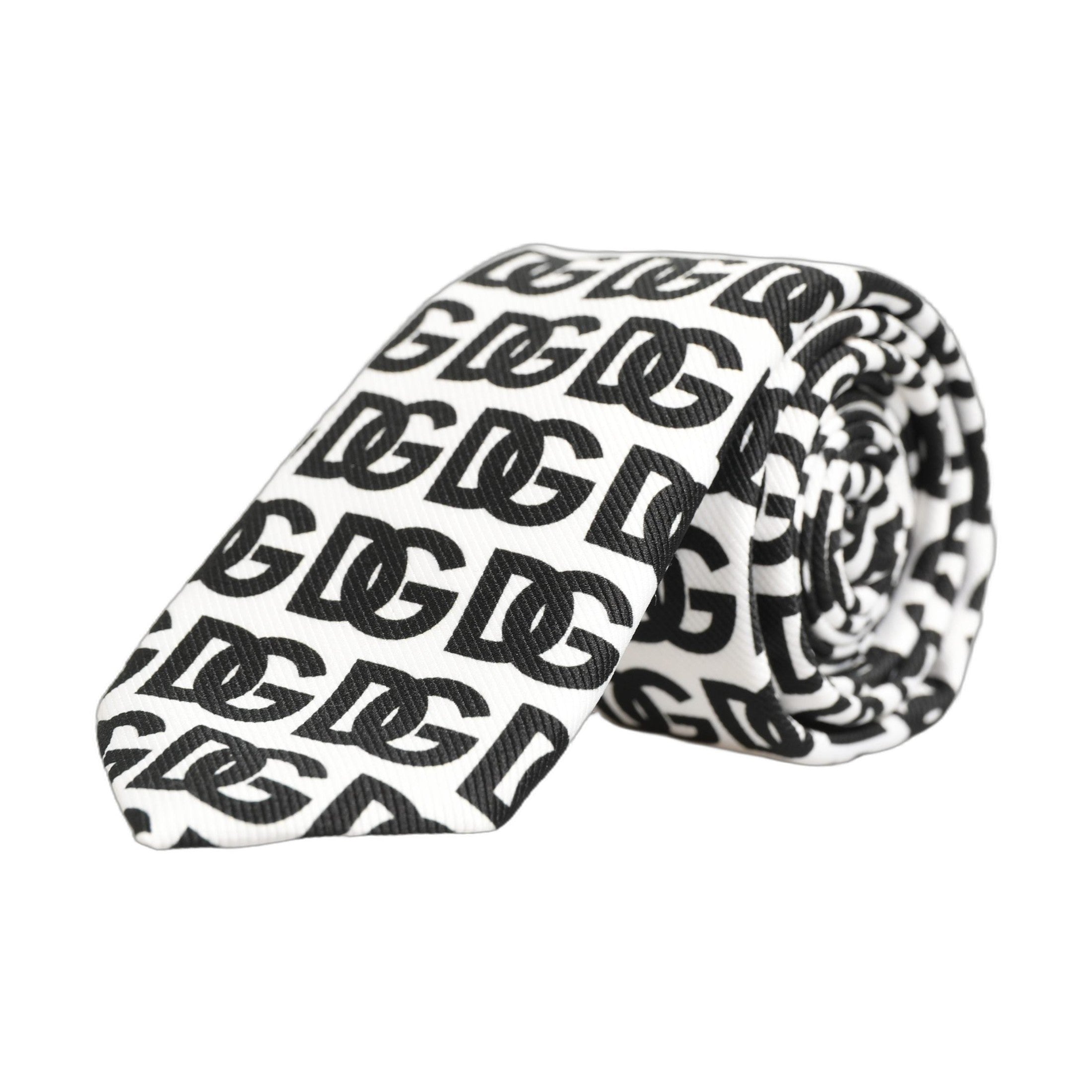 Dolce & Gabbana White Black Logo Monogram Wide Adjustable Men Necktie Tie