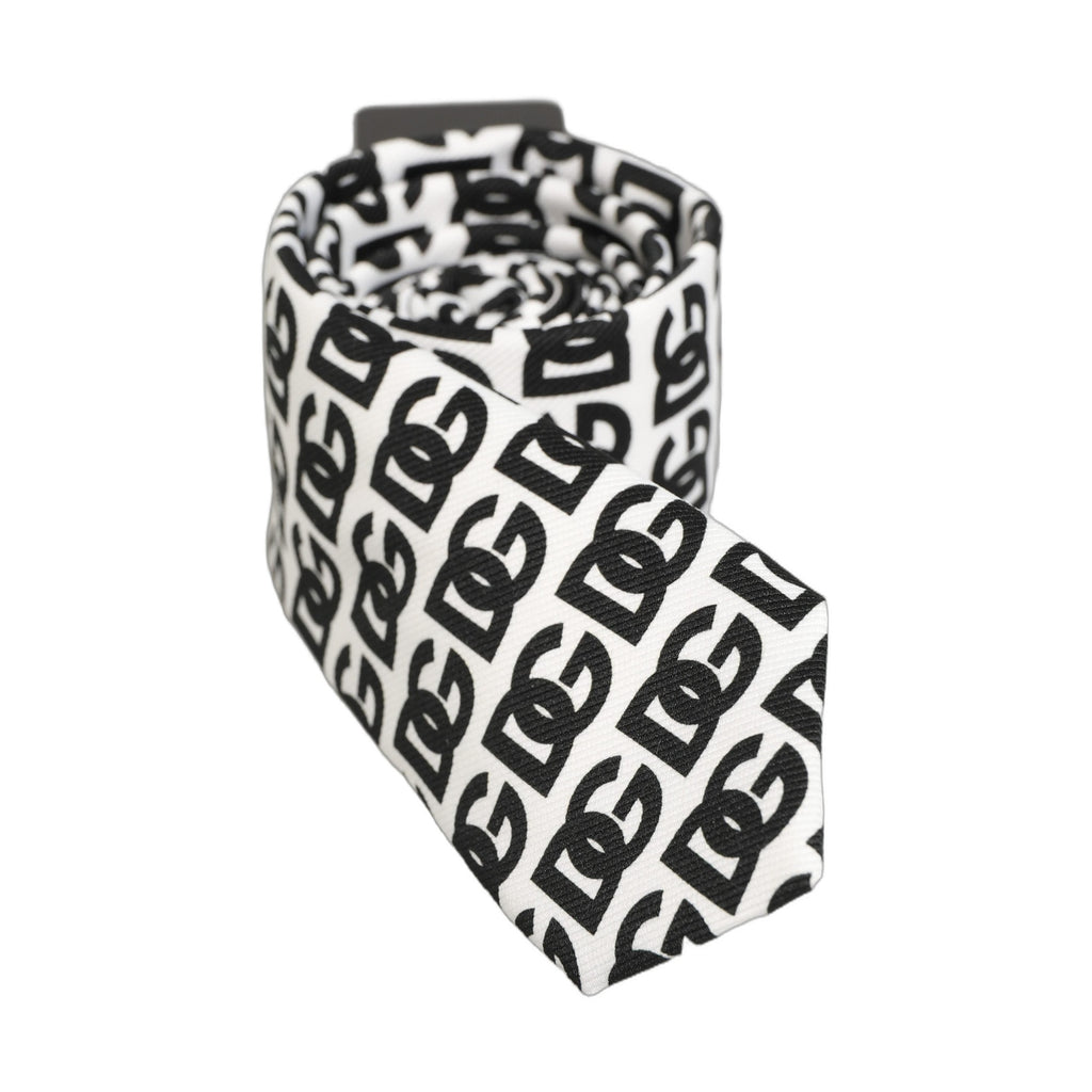 Dolce & Gabbana White Black Logo Monogram Wide Adjustable Men Necktie Tie