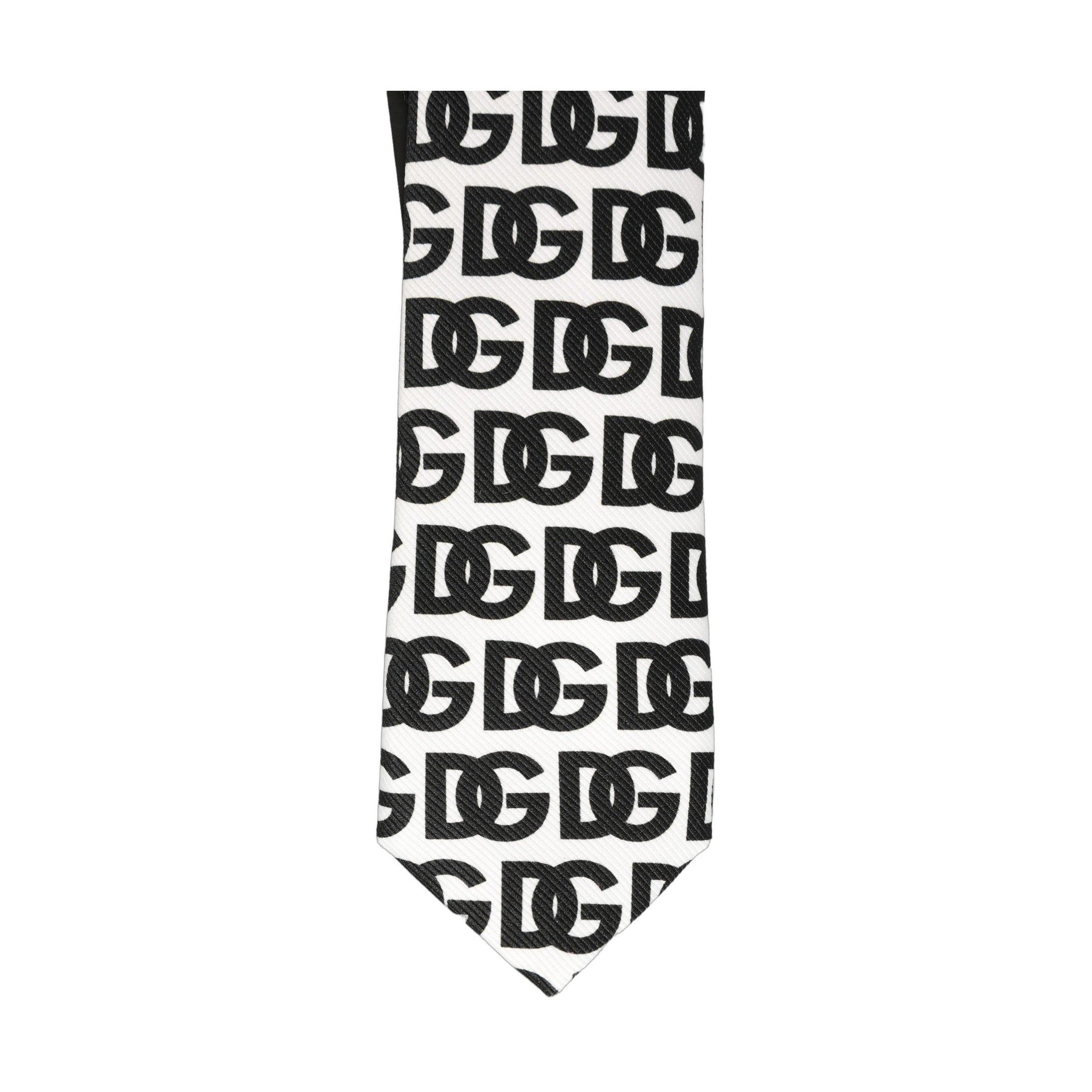 Dolce & Gabbana White Black Logo Monogram Wide Adjustable Men Necktie Tie