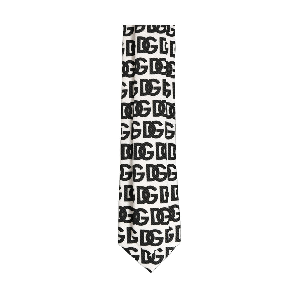 Dolce & Gabbana White Black Logo Monogram Wide Adjustable Men Necktie Tie