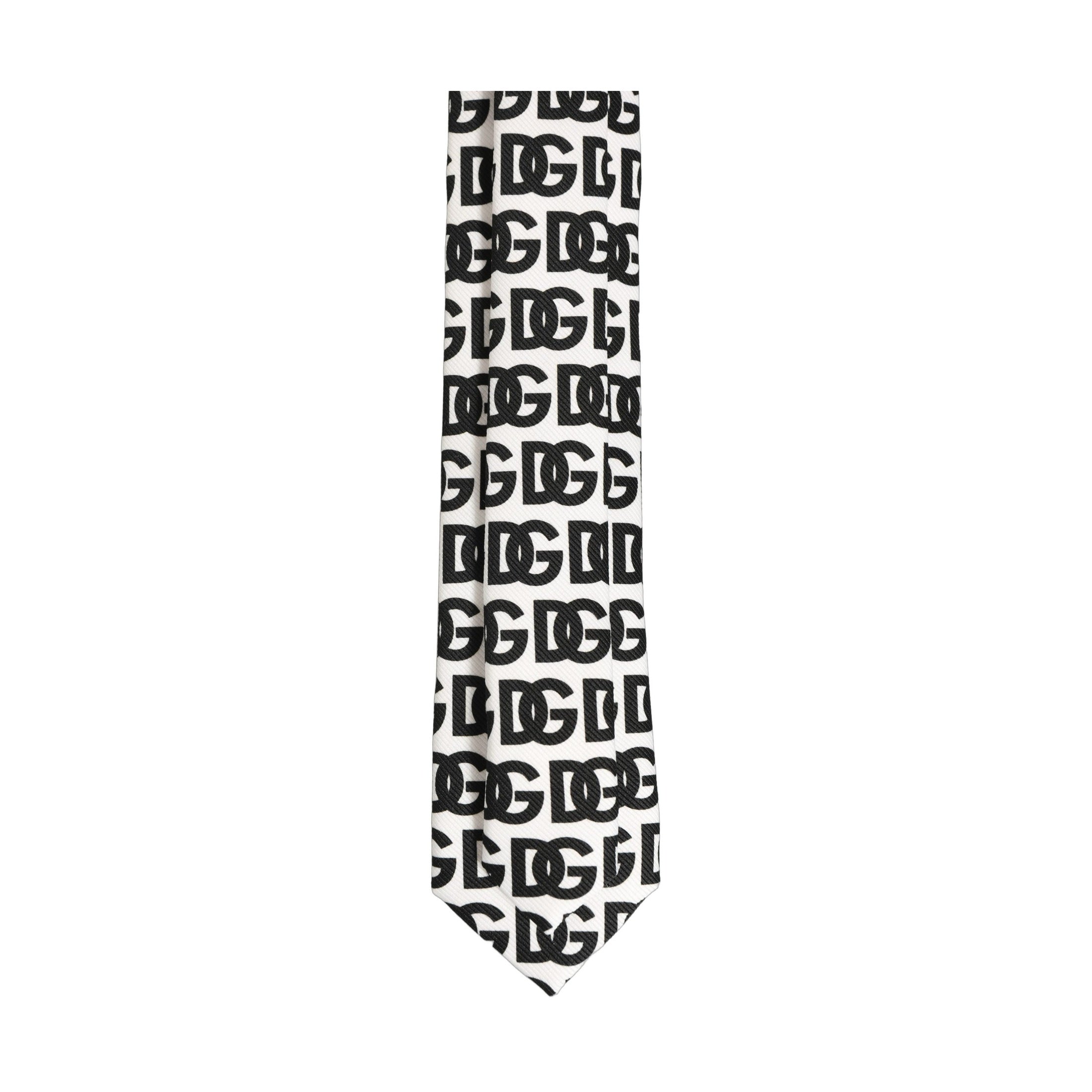 Dolce & Gabbana White Black Logo Monogram Wide Adjustable Men Necktie Tie