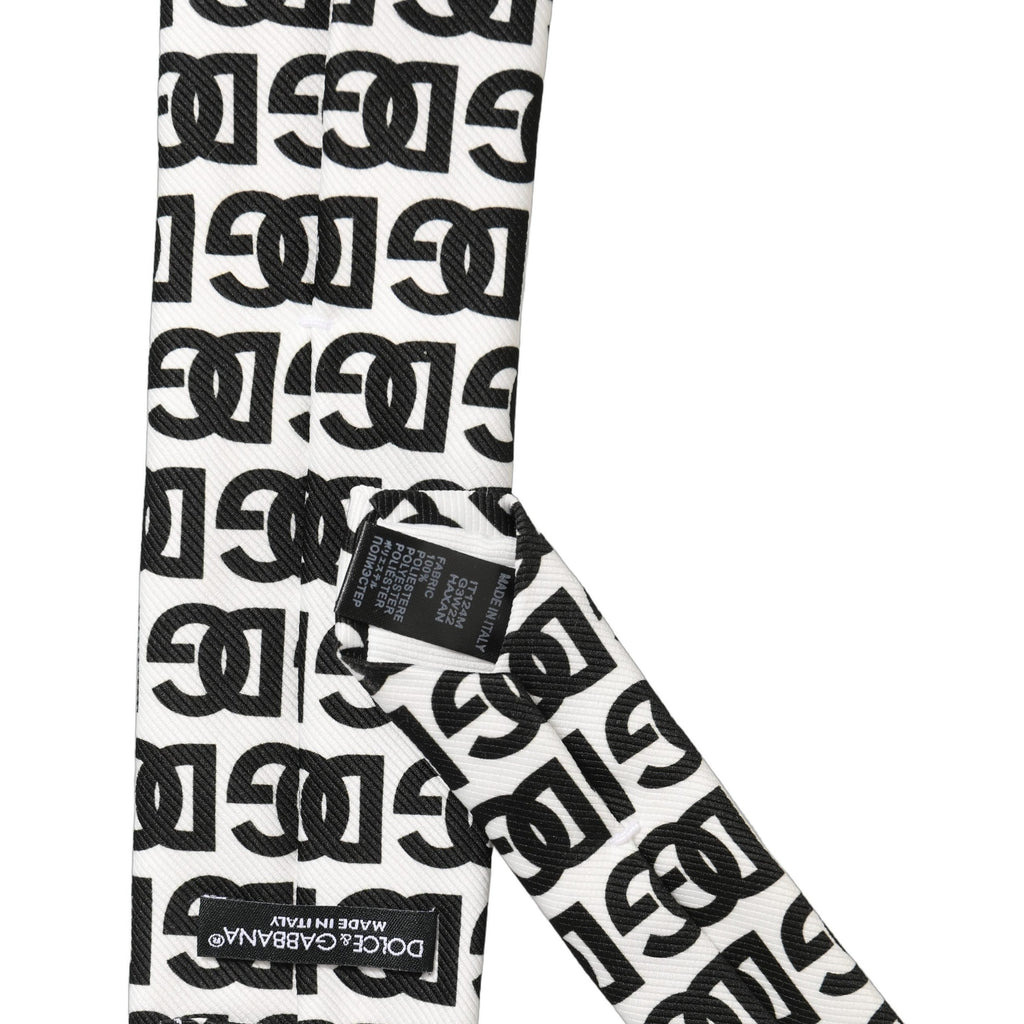 Dolce & Gabbana White Black Logo Monogram Wide Adjustable Men Necktie Tie