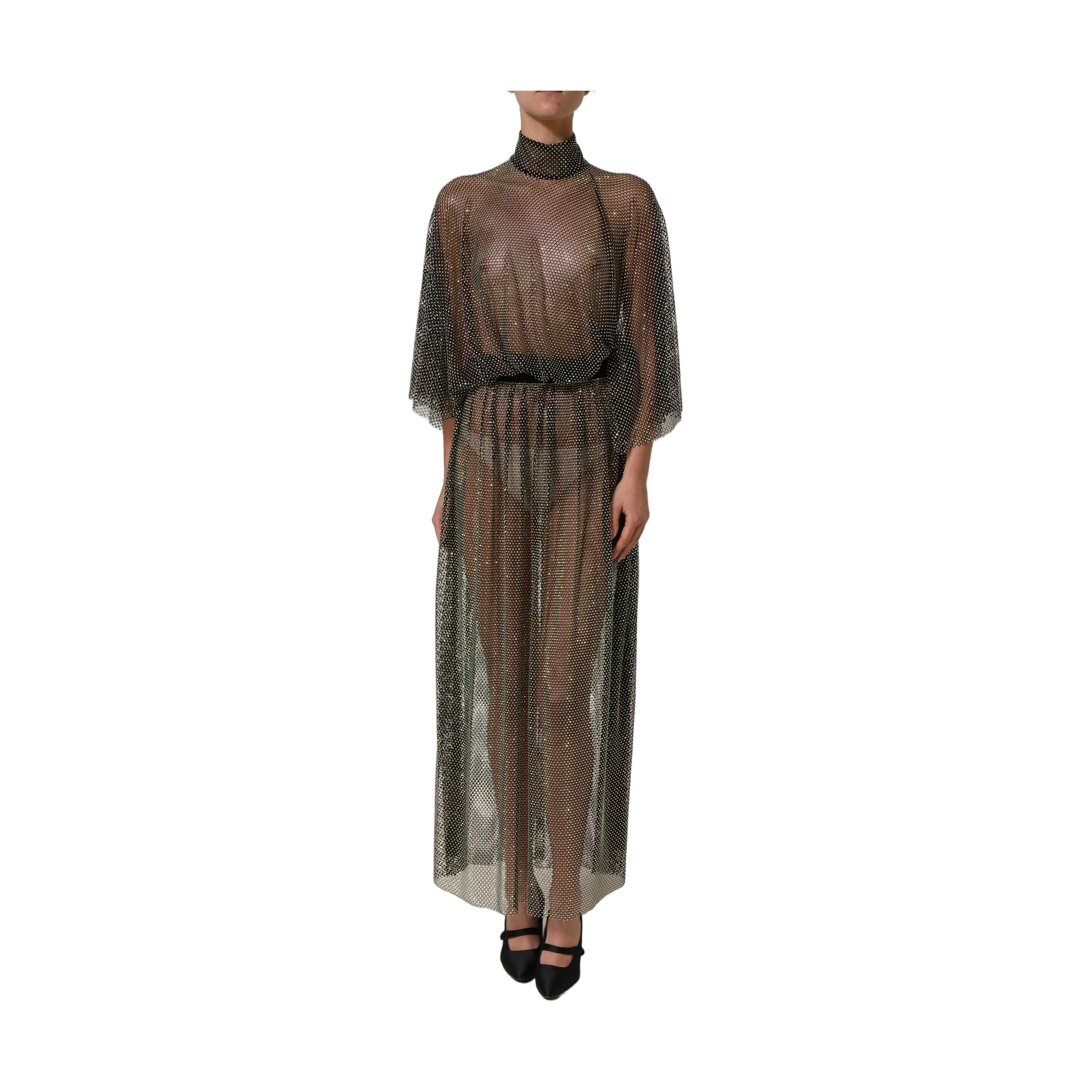 Dolce & Gabbana Black Rhinestone Mesh Turtleneck Maxi Dress