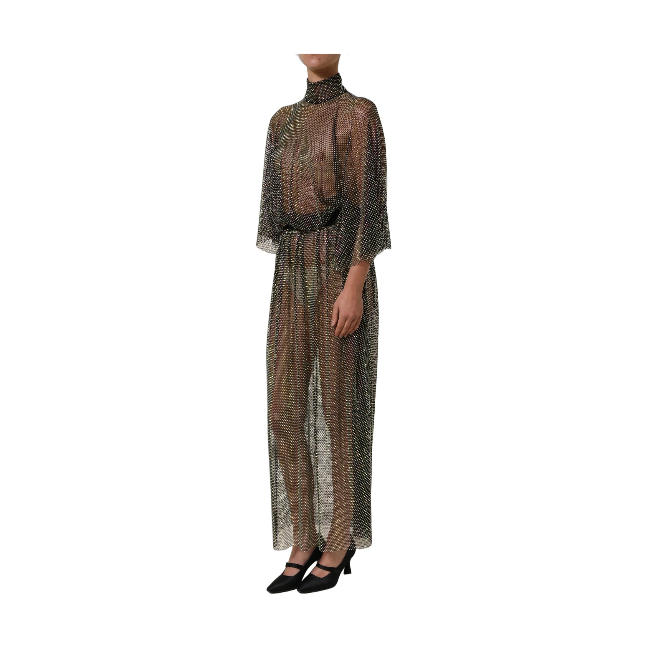 Dolce & Gabbana Black Rhinestone Mesh Turtleneck Maxi Dress