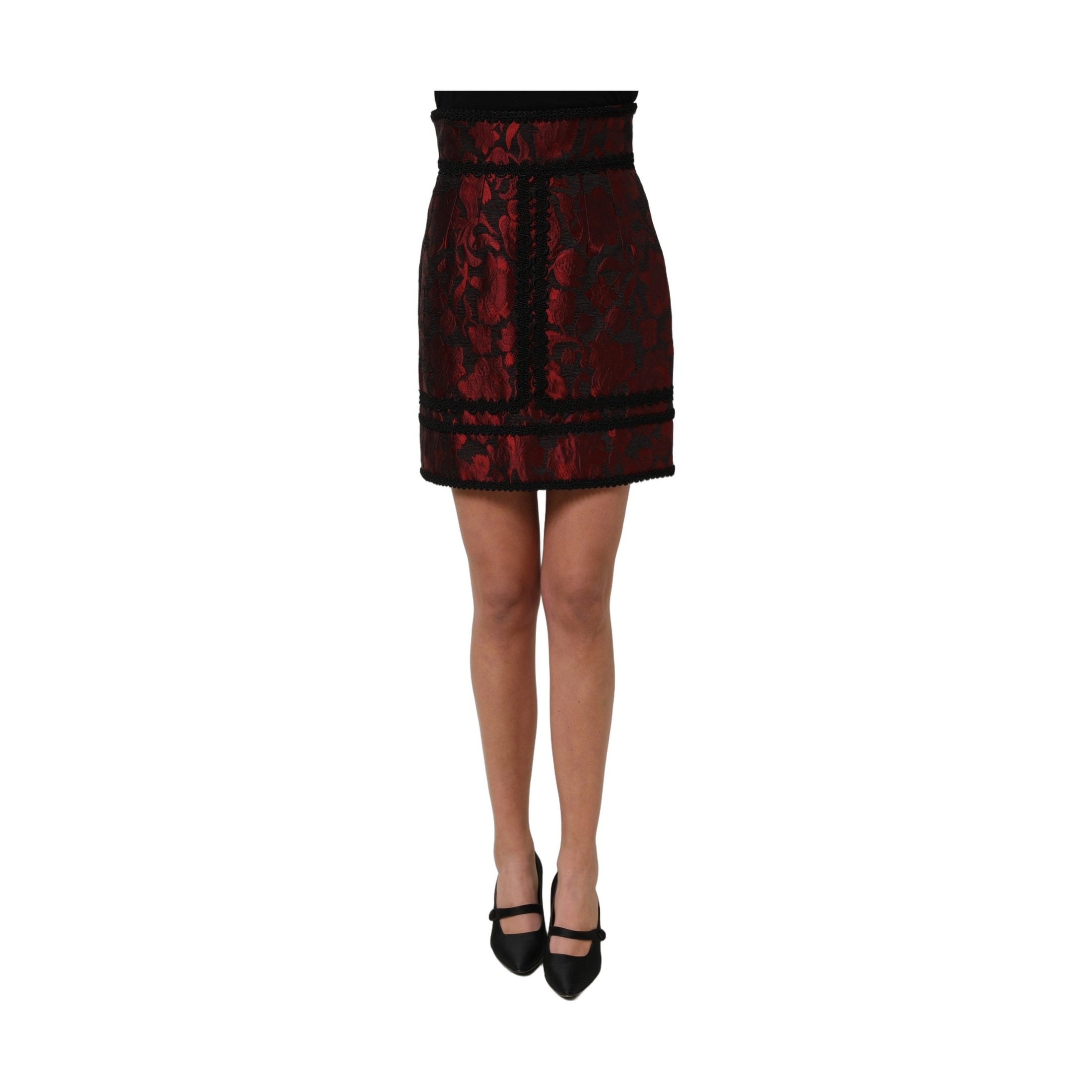 Dolce & Gabbana Red Black Floral Lace Jacquard Mini Skirt