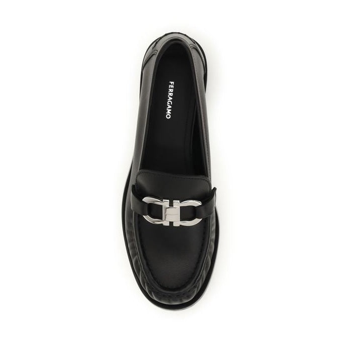 Ferragamo Black Calf Leather Bos Taurus Slip-On Loafers
