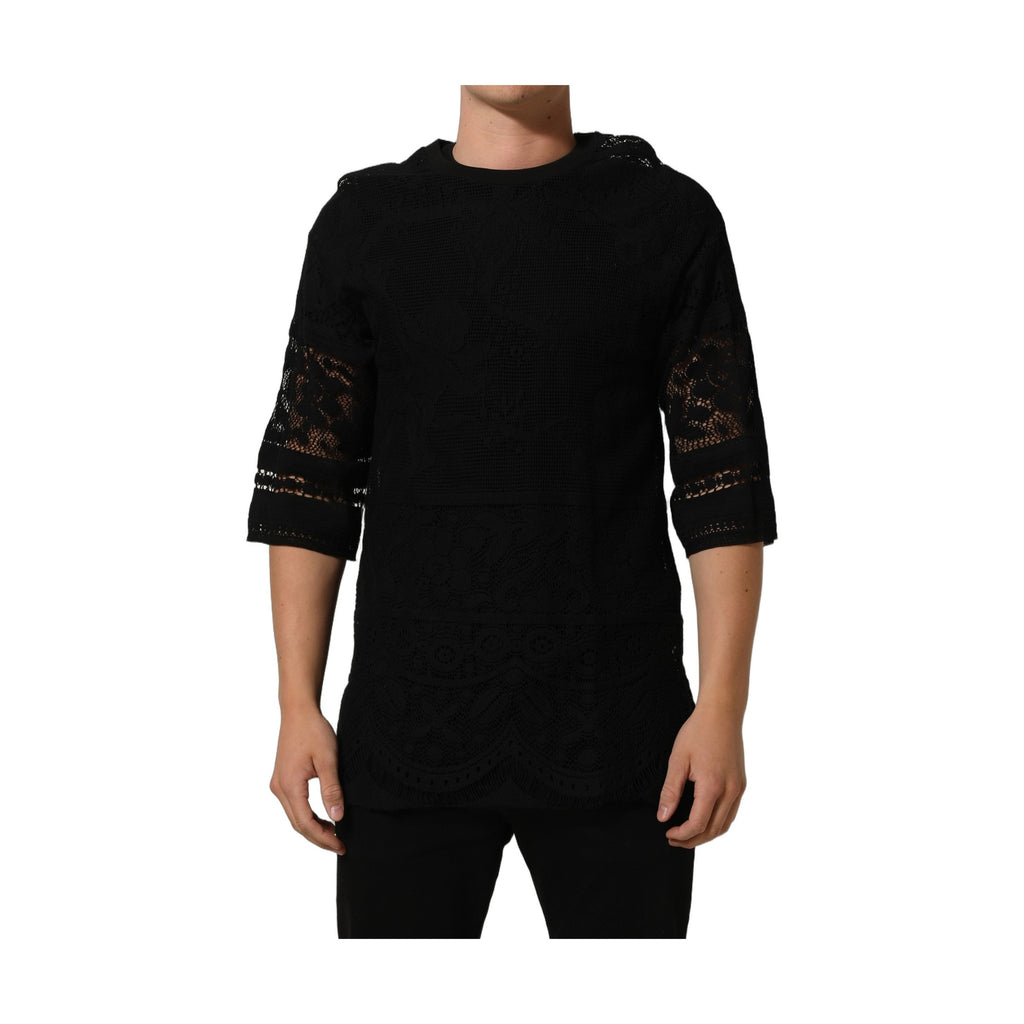 Dolce & Gabbana Black Cotton Floral Lace Crew Neck T-shirt