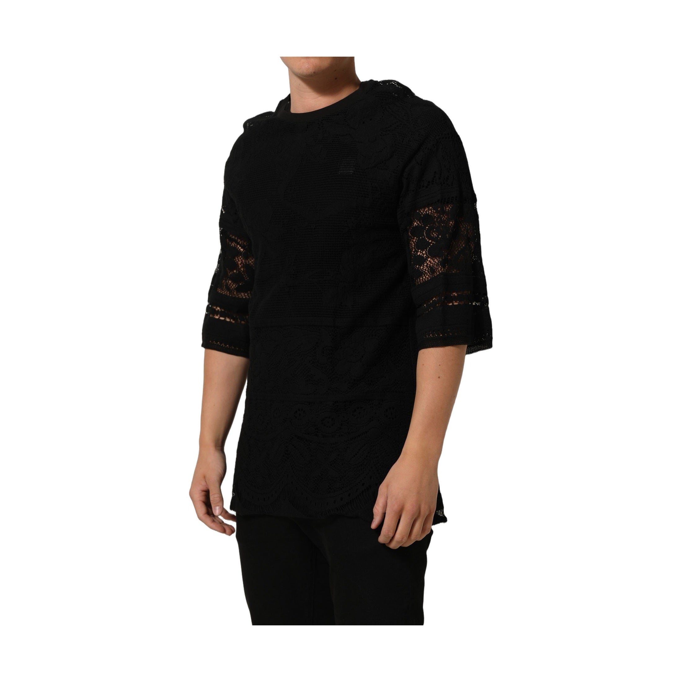 Dolce & Gabbana Black Cotton Floral Lace Crew Neck T-shirt