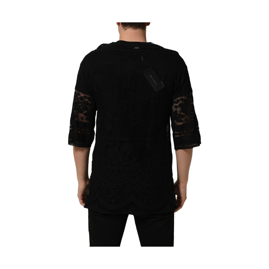 Dolce & Gabbana Black Cotton Floral Lace Crew Neck T-shirt