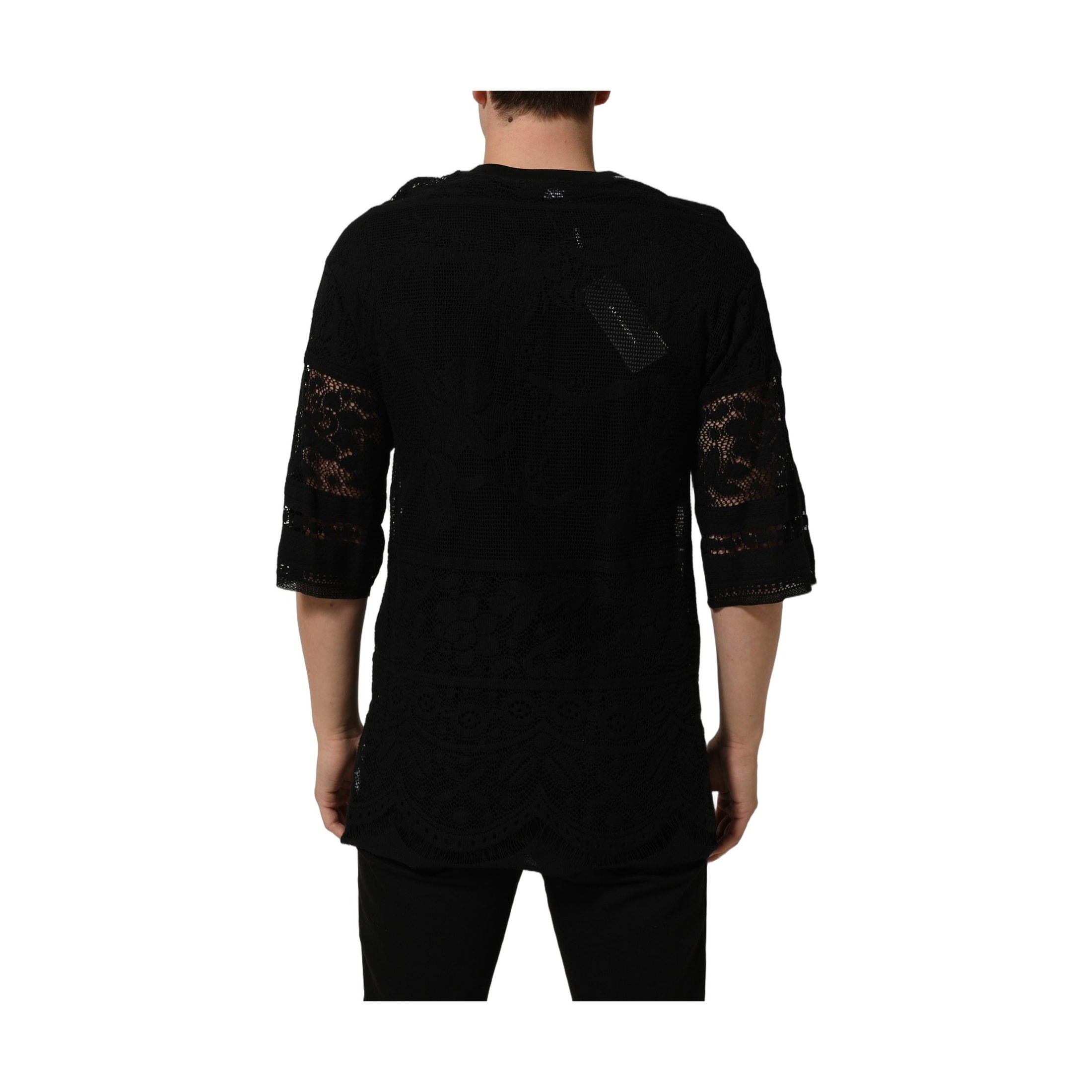 Dolce & Gabbana Black Cotton Floral Lace Crew Neck T-shirt