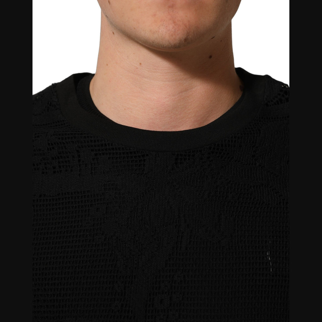 Dolce & Gabbana Black Cotton Floral Lace Crew Neck T-shirt