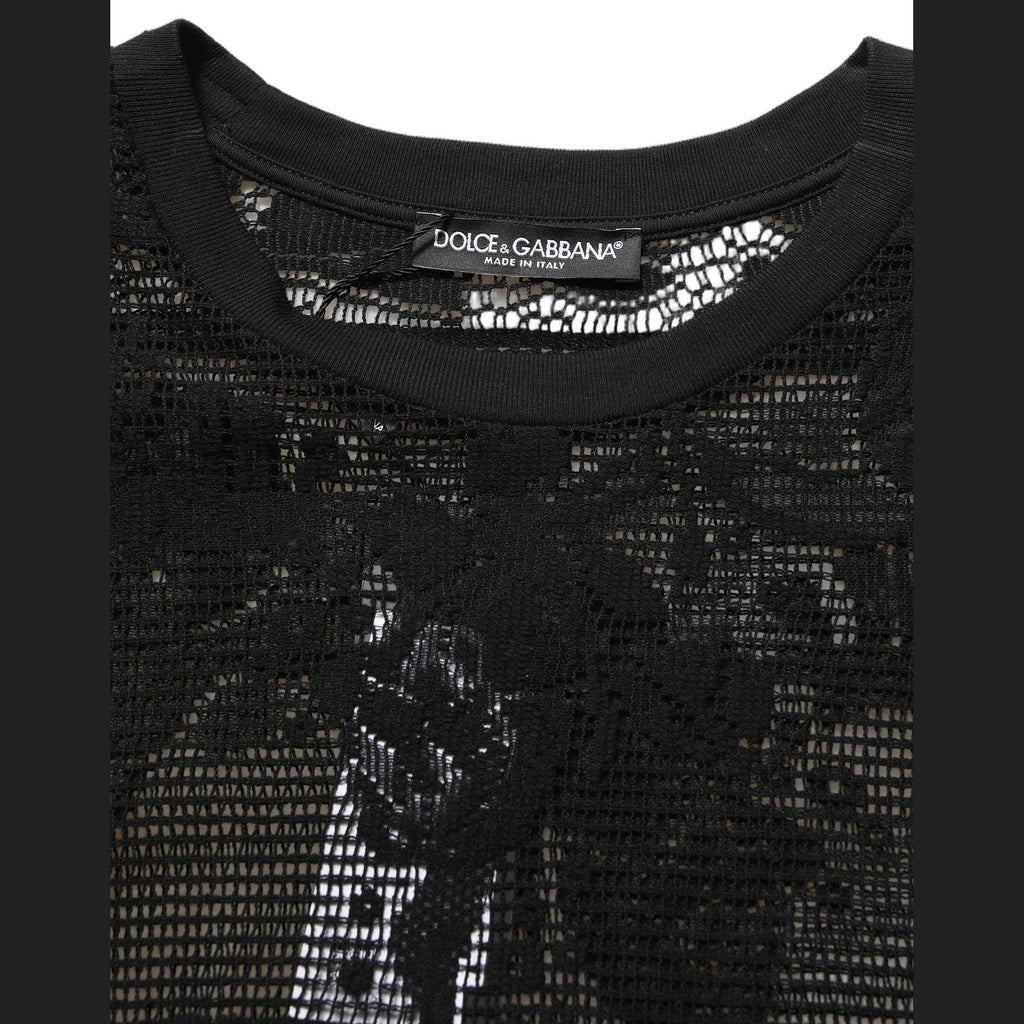 Dolce & Gabbana Black Cotton Floral Lace Crew Neck T-shirt