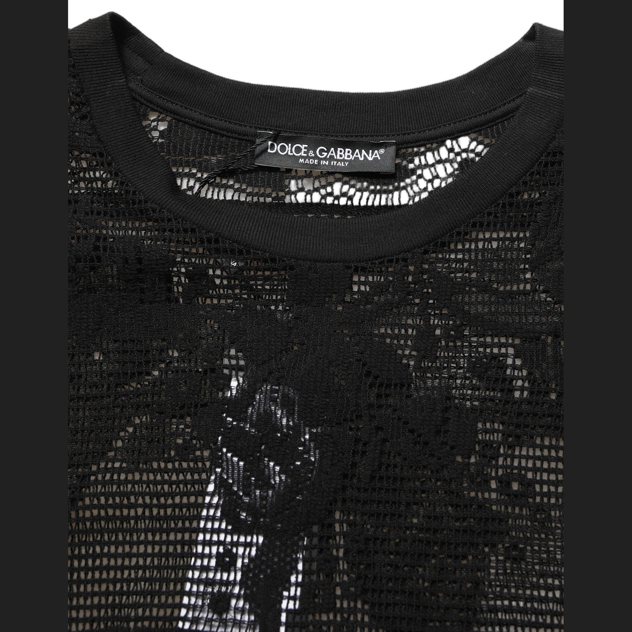 Dolce & Gabbana Black Cotton Floral Lace Crew Neck T-shirt