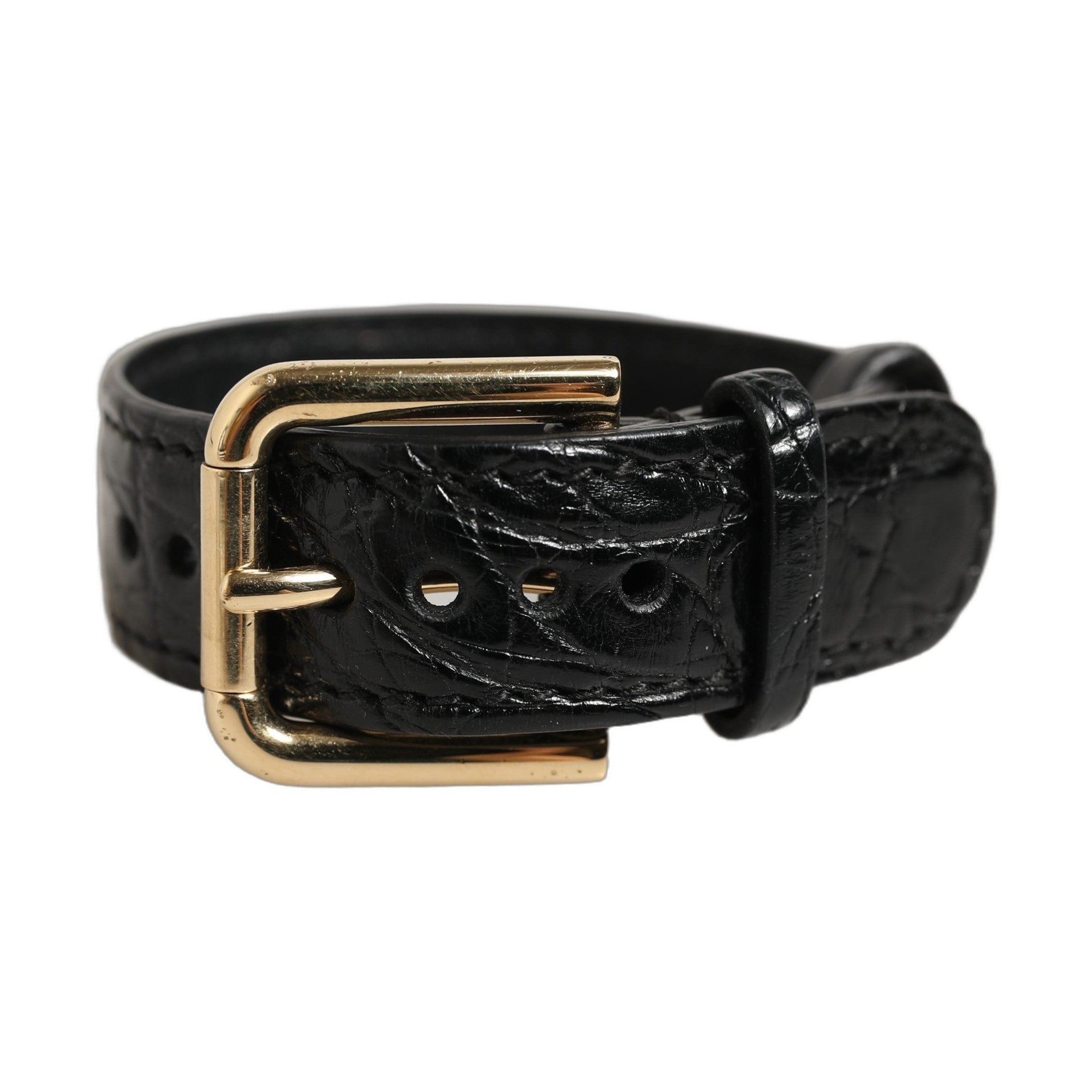 Dolce & Gabbana Black Textured Leather Gold Buckle Belt Strap Bracelet