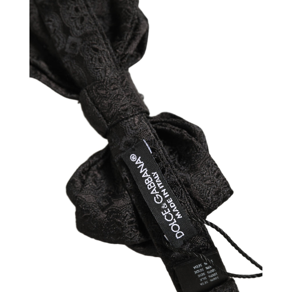 Dolce & Gabbana Men Black Paisley Silk Adjustable Neck Papillon Bow Tie