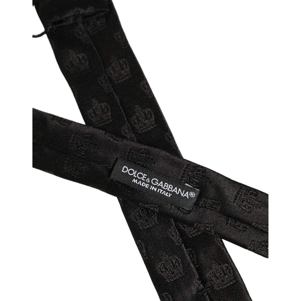 Men Black Crown Print Silk Adjustable Tied Necktie Tie