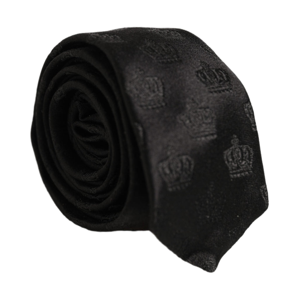 Men Black Crown Print Silk Adjustable Tied Necktie Tie