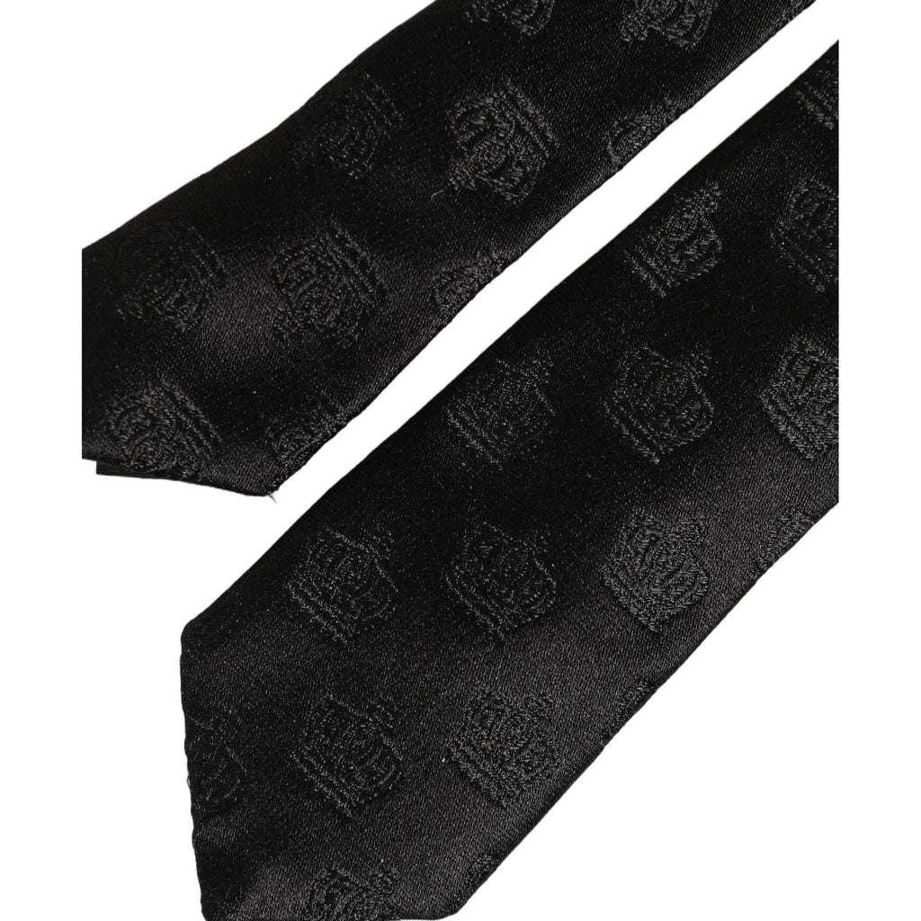 Men Black Crown Print Silk Adjustable Tied Necktie Tie