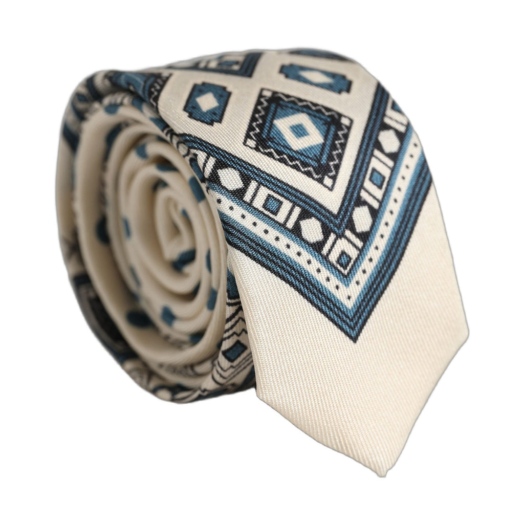 Men Off White Blue Geometric Adjustable Tied Necktie Tie
