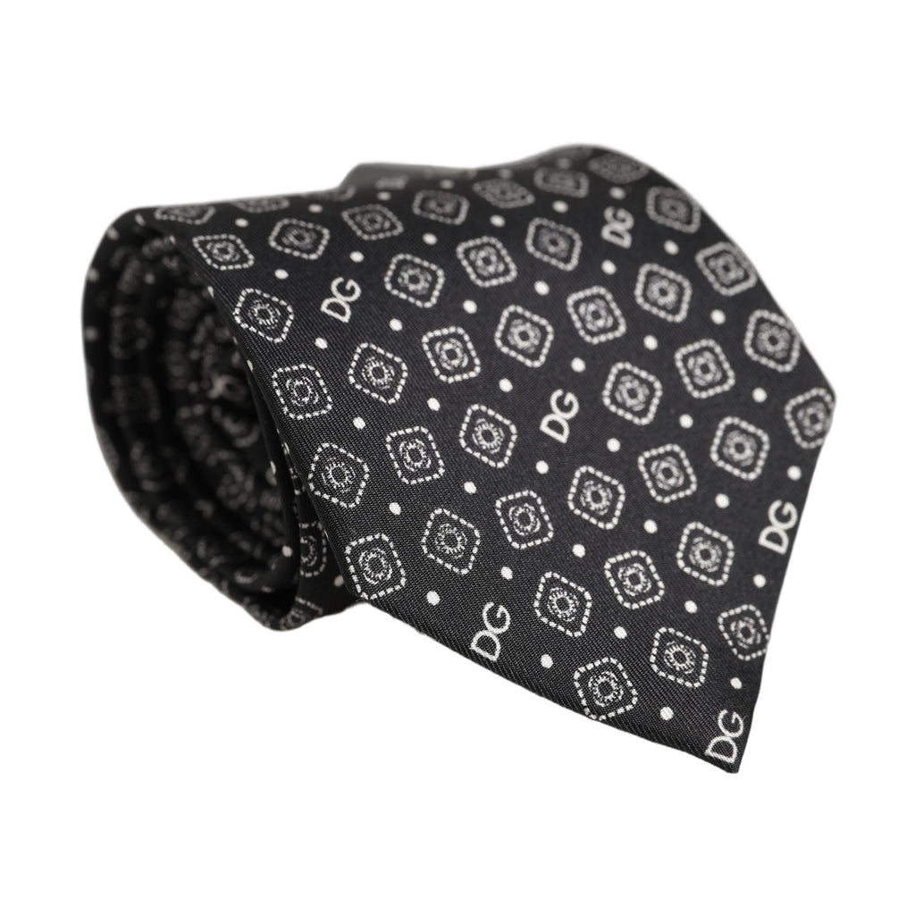 Men Black DG Logo 100% Silk Adjustable Tied Necktie Tie