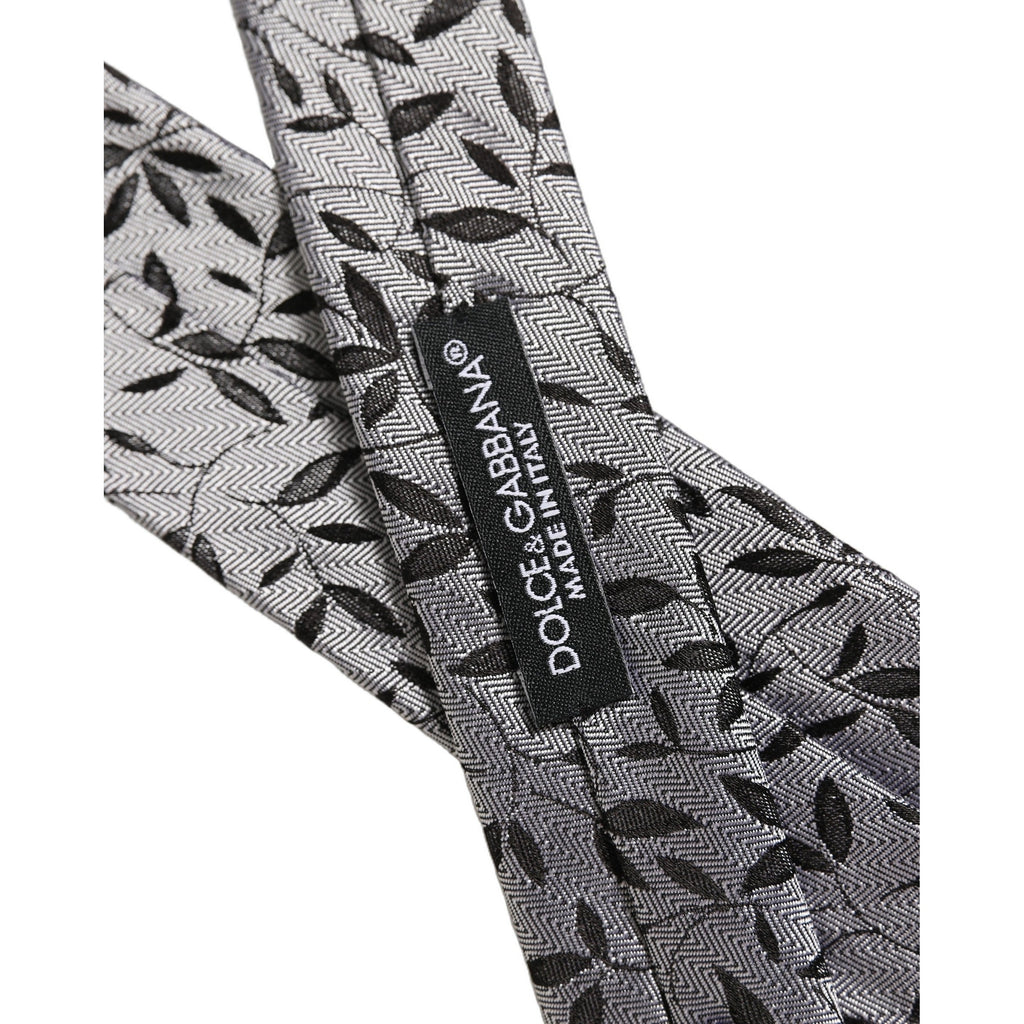 Men Gray Leaf Pattern Silk Adjustable Tied Necktie Tie