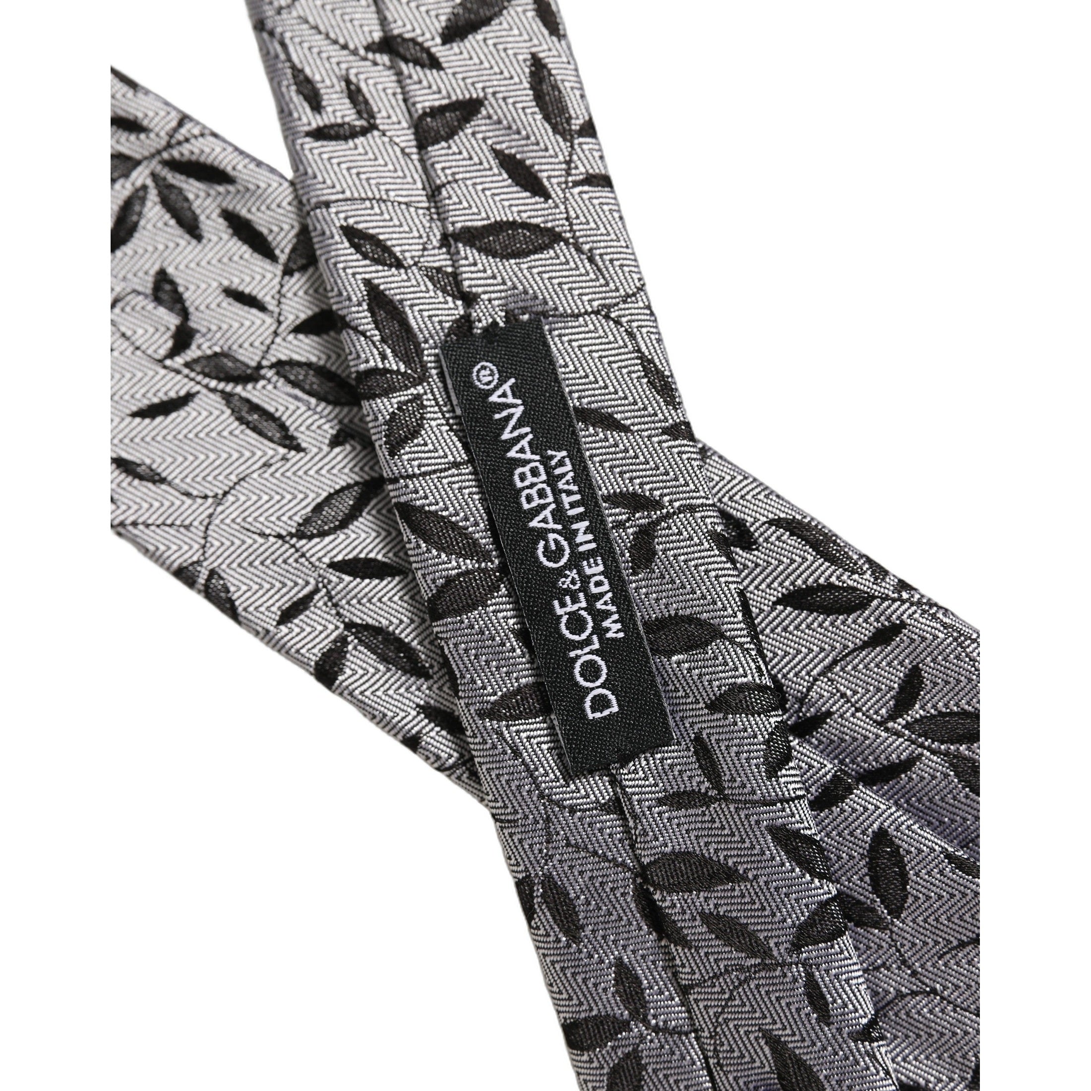 Men Gray Leaf Pattern Silk Adjustable Tied Necktie Tie