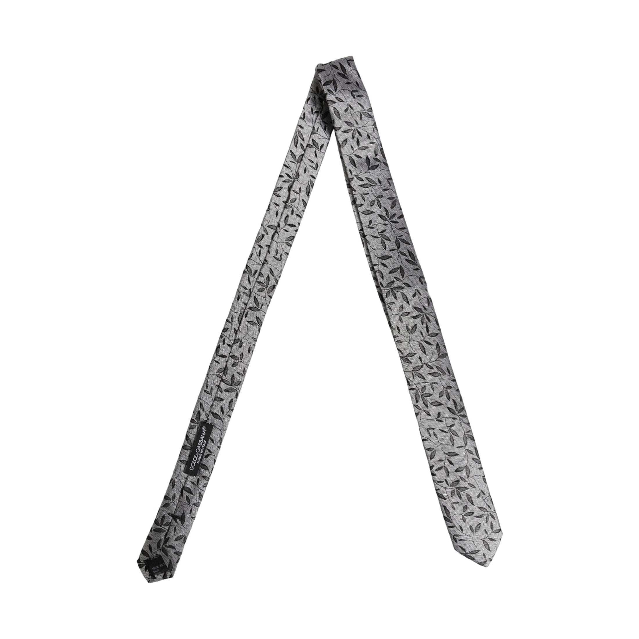 Men Gray Leaf Pattern Silk Adjustable Tied Necktie Tie