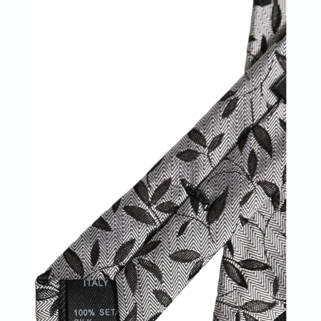 Men Gray Leaf Pattern Silk Adjustable Tied Necktie Tie