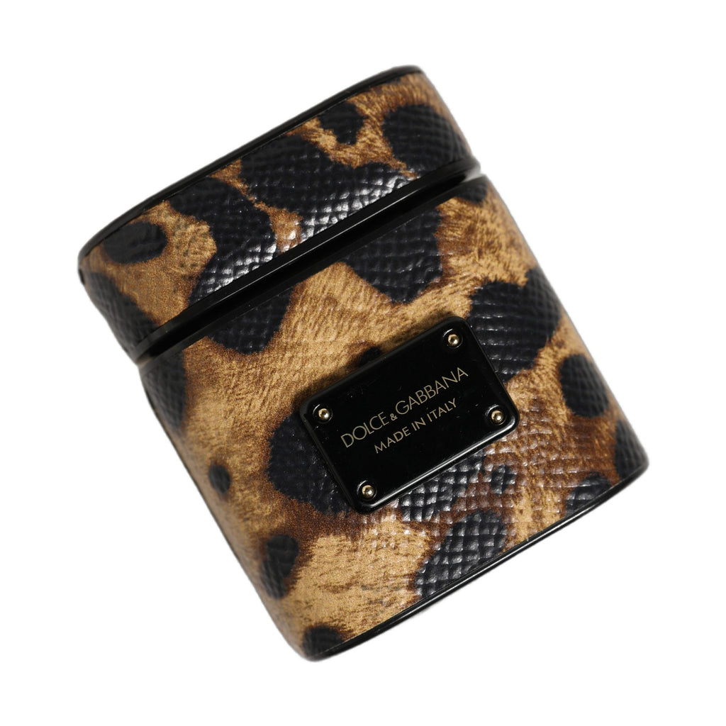 Brown Leopard Calf Leather Metal Logo Plaque Airpods Case