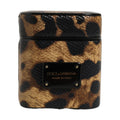 Brown Leopard Calf Leather Metal Logo Plaque Airpods Case