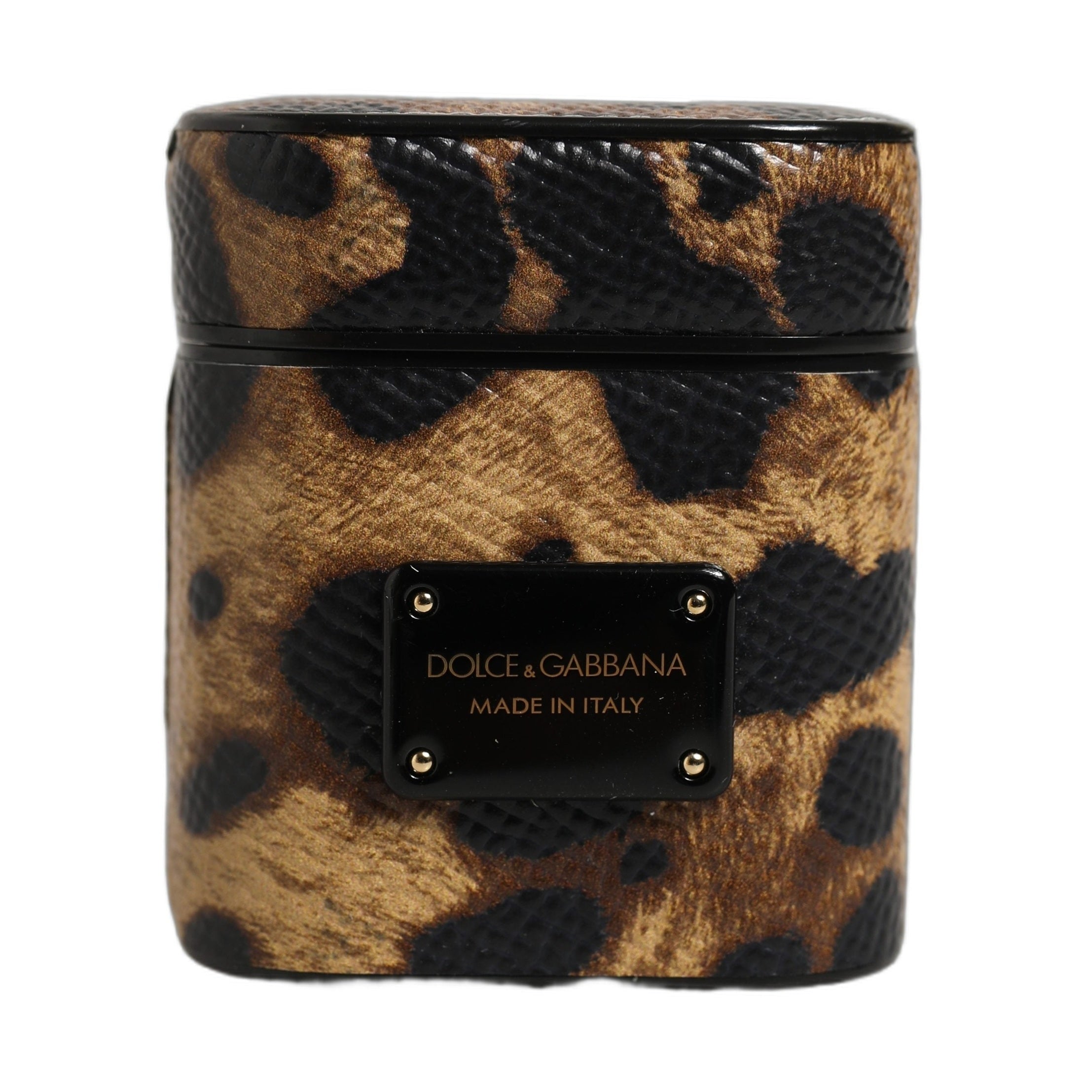 Brown Leopard Calf Leather Metal Logo Plaque Airpods Case
