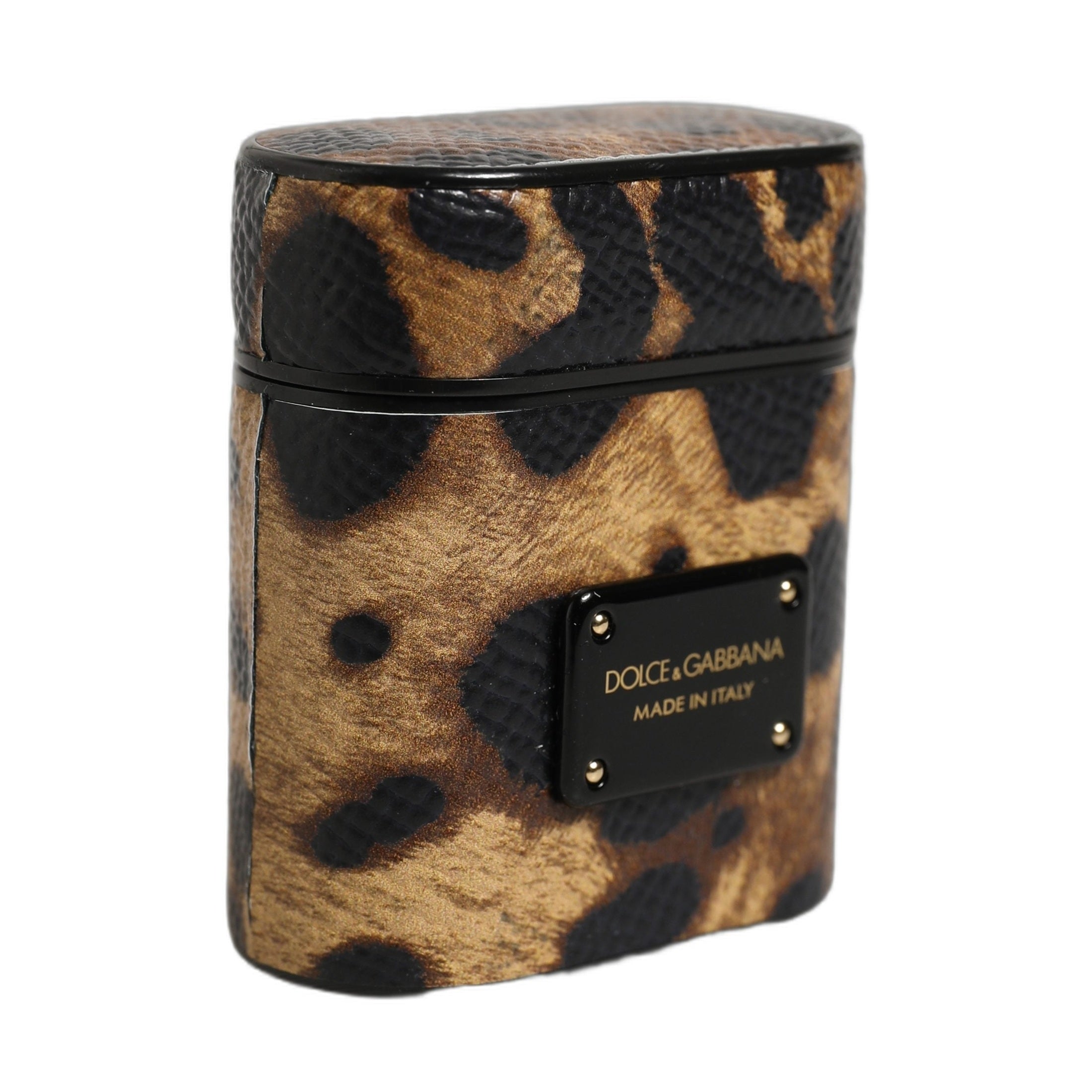 Brown Leopard Calf Leather Metal Logo Plaque Airpods Case
