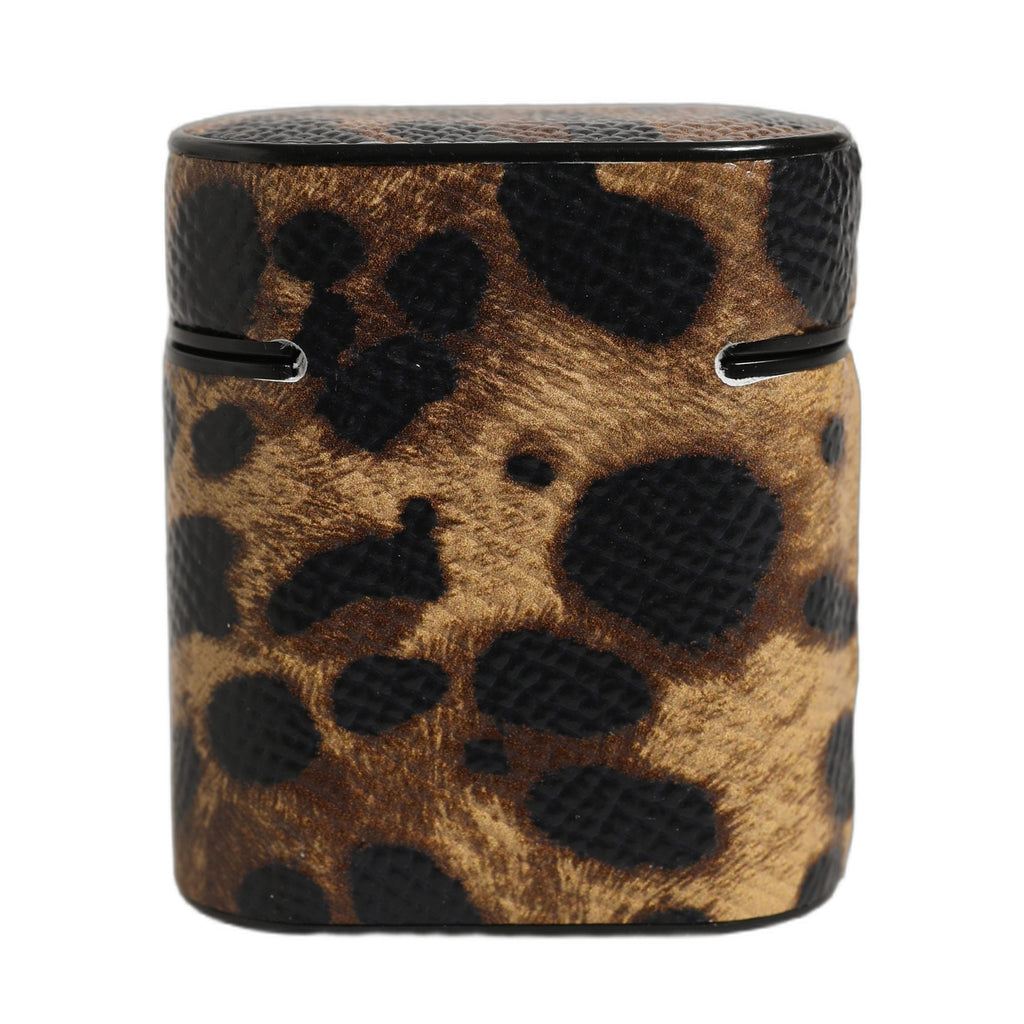 Brown Leopard Calf Leather Metal Logo Plaque Airpods Case