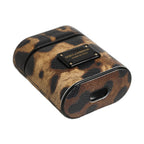 Brown Leopard Calf Leather Metal Logo Plaque Airpods Case