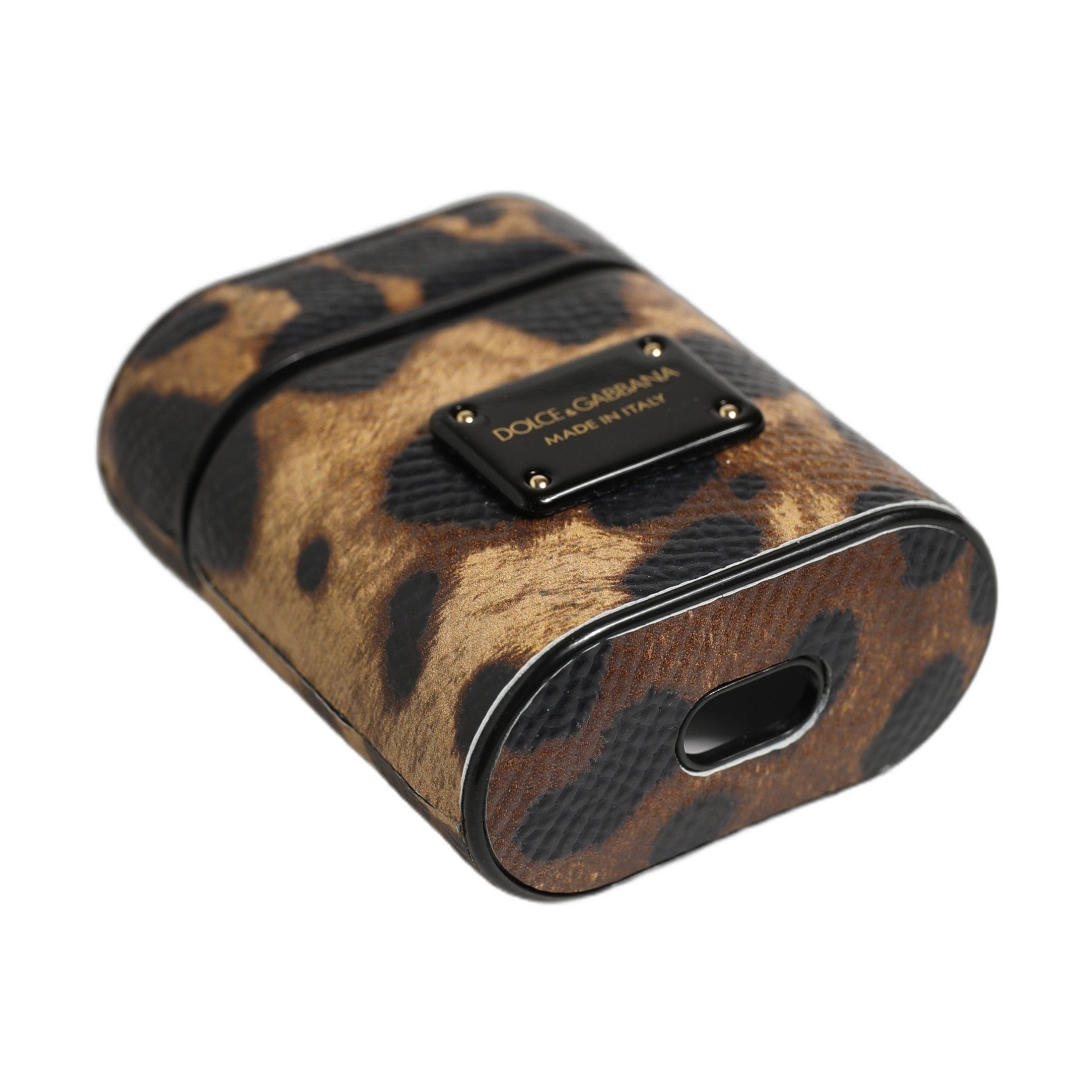 Brown Leopard Calf Leather Metal Logo Plaque Airpods Case