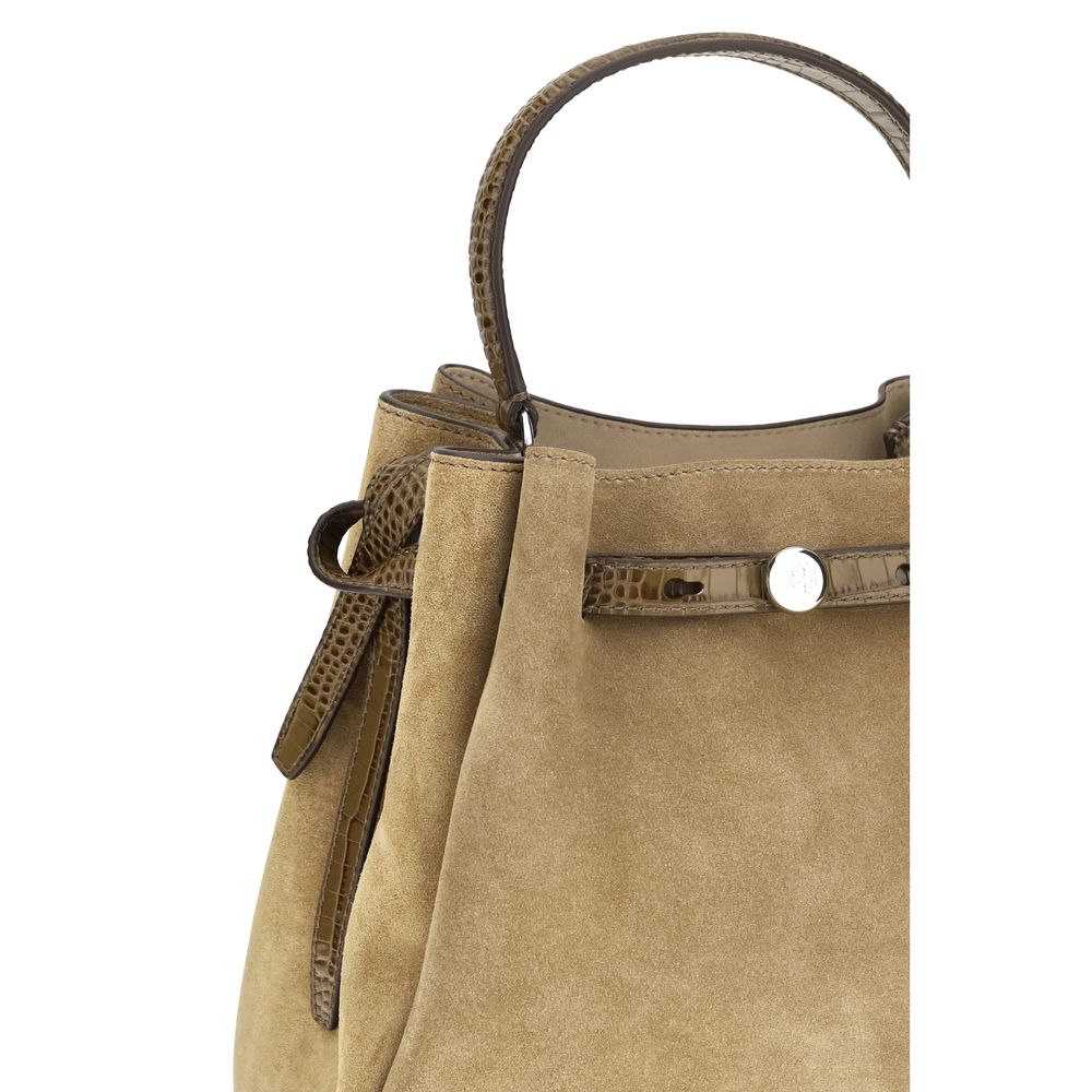 Beige Suede Leather Bucket Bag