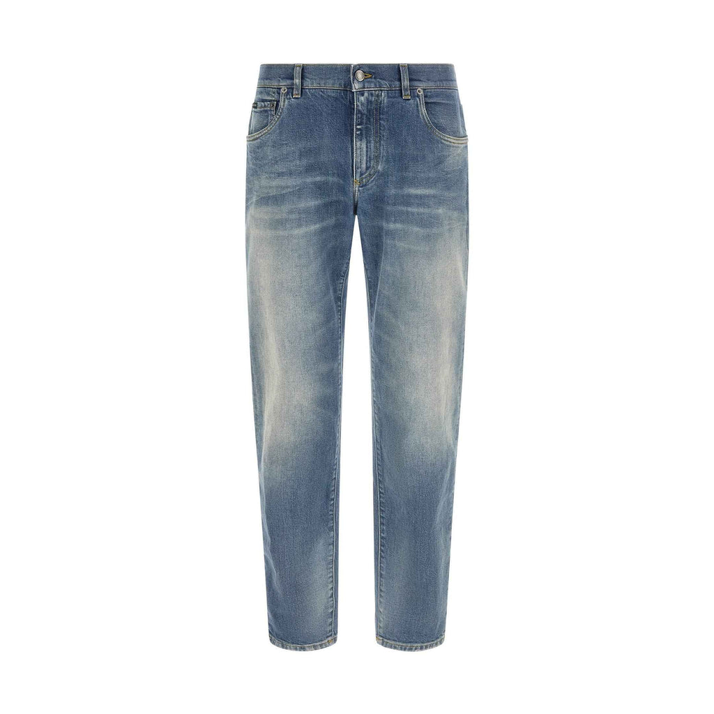 Blue Cotton Straight-Leg Jeans