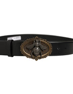 Black Leather Bee Accent Metal Buckle Belt