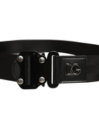 Men Black Fabric Strap Logo Metal Buckle Belt