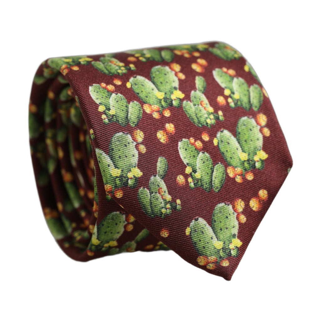 Maroon Silk Cactus Floral Adjustable Tied Men Necktie Tie
