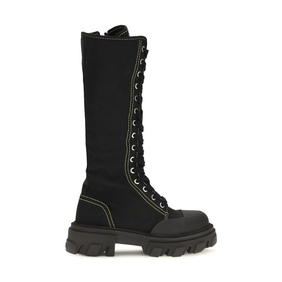 Black Cotton Lace-Up Boots