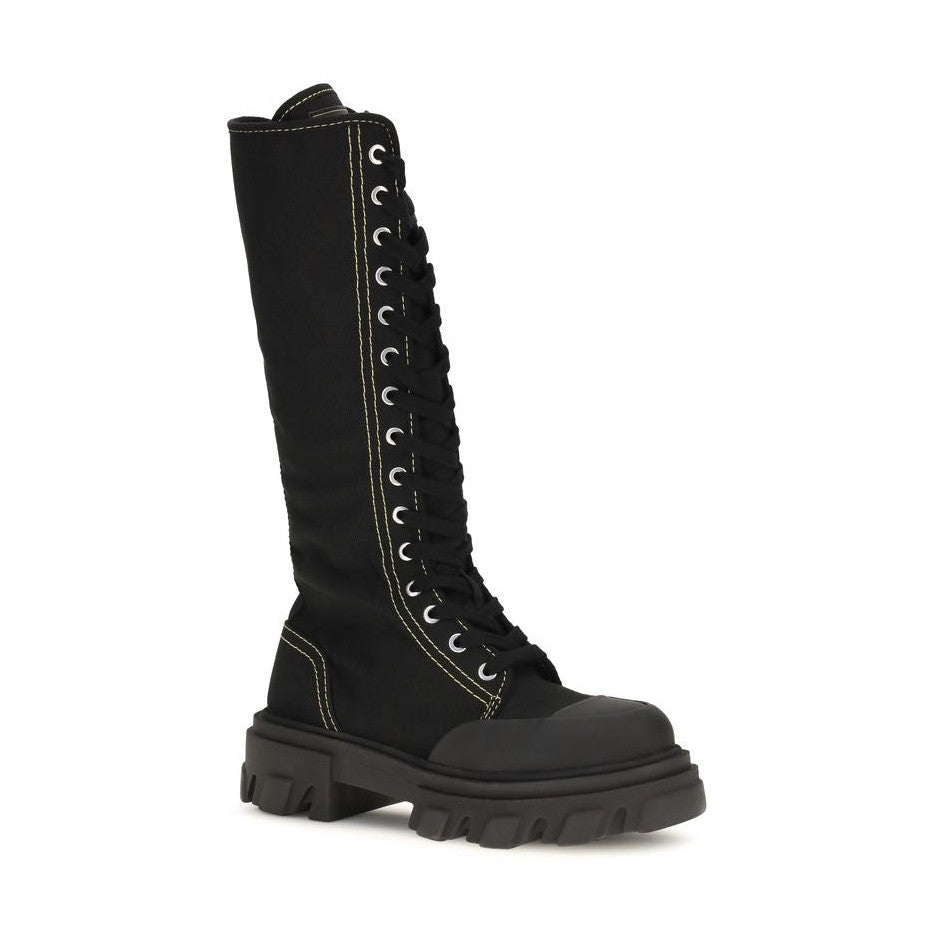 Black Cotton Lace-Up Boots