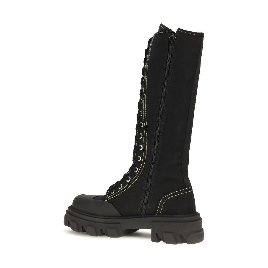 Black Cotton Lace-Up Boots