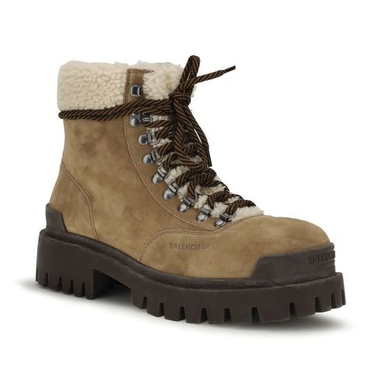 Beige Suede Leather Lace-Up Boots
